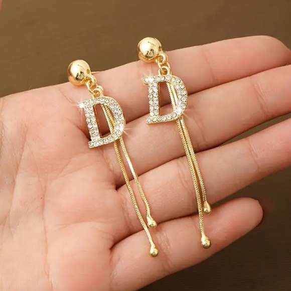Luxurious Inspired Letter D 14K Gold Plated Long Drop Chain Earrings - Picture 9 of 9